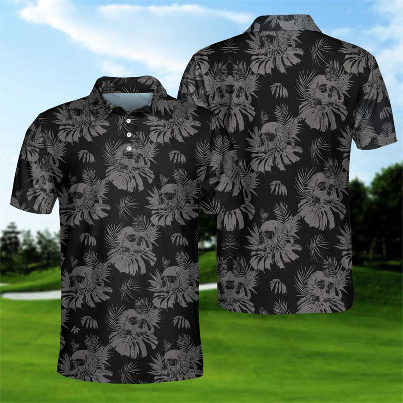 3D Print Skull Fashion Men's Polo Shirt Fashion Trendy Skull Flower Streetwear Unisex Short Sleeve Golf Sport Shirt Button Tops