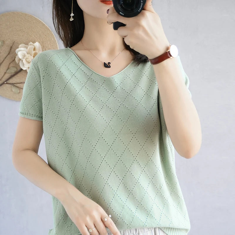 Summer new women's T-shirt 100% cotton casual pure color knitted sweater short-sleeved V-neck women's top loose fashion T-shirt