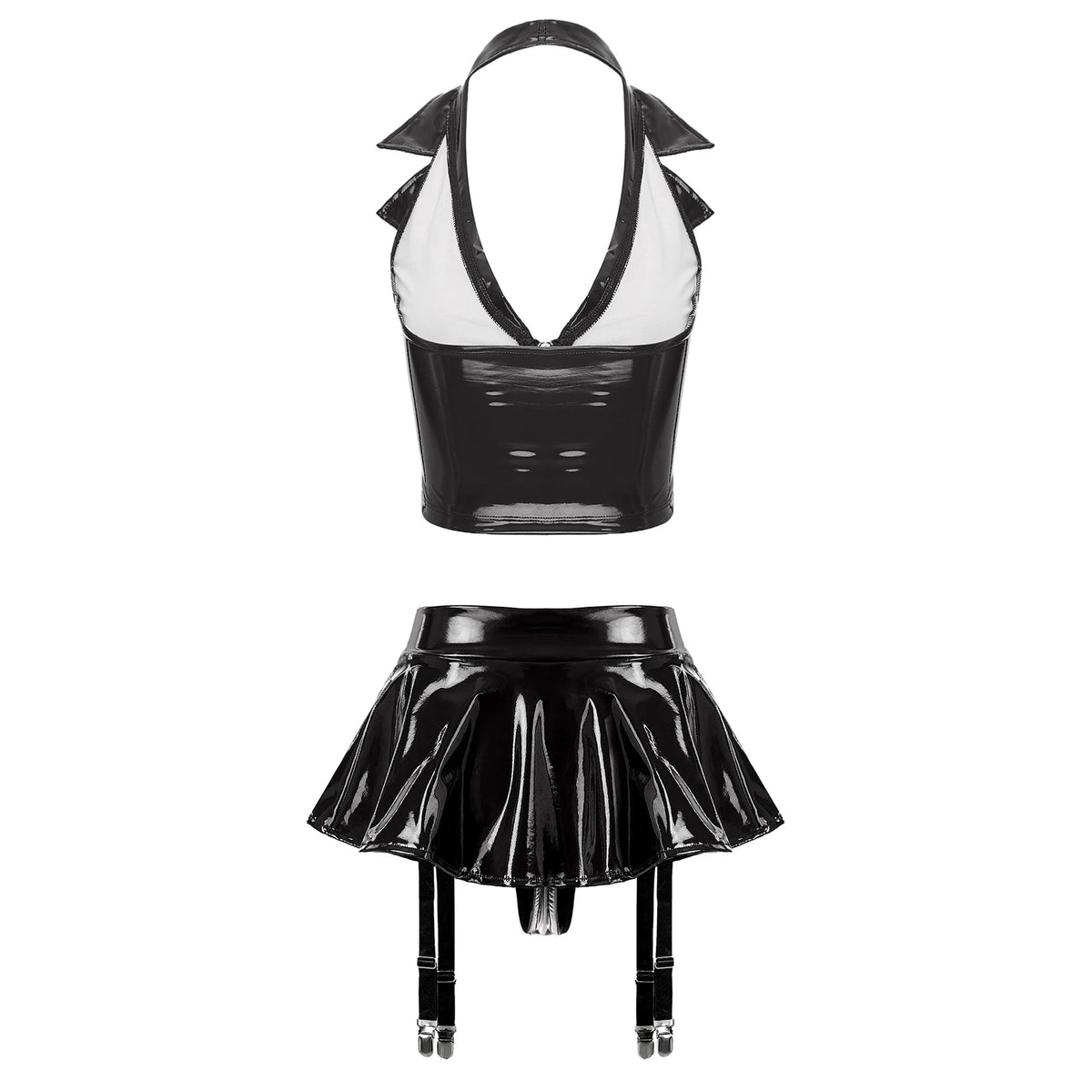 Womens Wet Look Patent Leather Halter Vest with Miniskirt Built-in Thongs Garter Clips Party Pole Dance Sexy Lingerie Clubwear