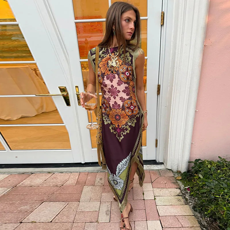 Fashion Tassel Patchwork Floral Printed Dresses Elegant Sleeveless Female Irregular Dresses 2026 Summer Lady Beach Party Robes