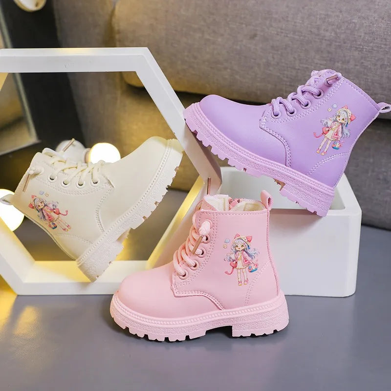 Girls Boots Kids Fashion Rubber Boots Cool Girl Autumn and Winter Cotton Soft Sole Pink with Cartoon Side Zip Princess Round-toe