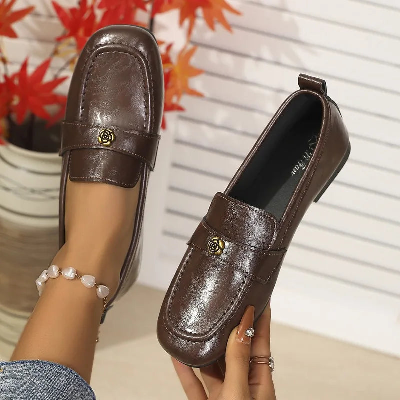 Women's Leather Flat Loafers with Gold-Tone Flower Accessory Round Apron Toe Low Block Heel Comfortable & Office Dress Shoes