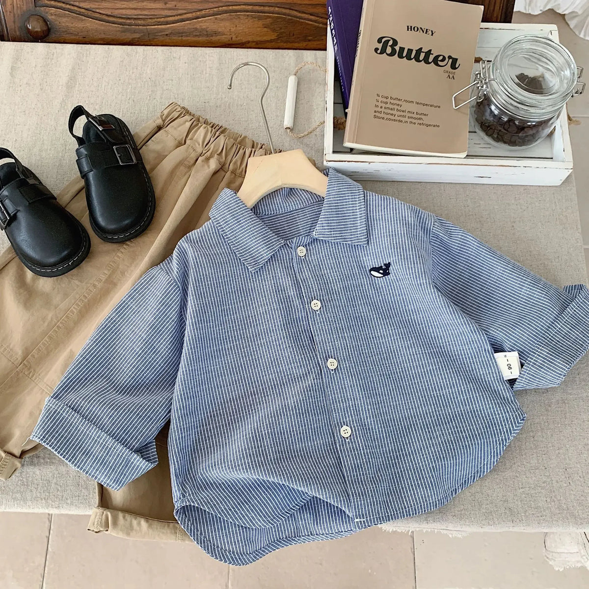 2-7Y Kids' shirts Small fish embroidery striped Boys Cardigan cotton turn-down collar Children's long sleeve shirt