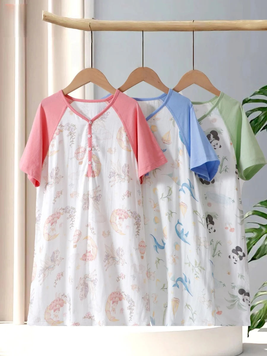 Lightweight Gauze Children's Summer Pajamas Breathable Cartoon Printed Girls' Nightgown Cute One-Piece Pajamas