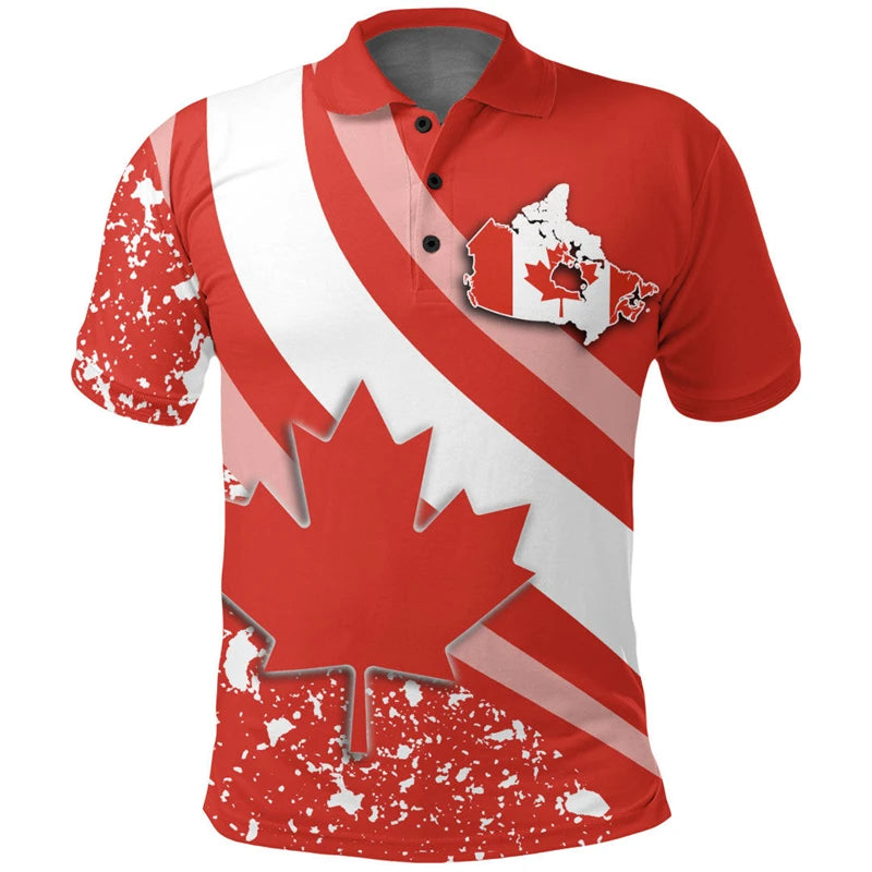 T-shirt Men Clothing Polo Shirts Street Canada Flag Print Casual Short Sleeve Tops Shirt Newest Lapel Zipper Tees Clothing 2024