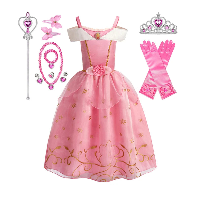 Kids Girls Fairytale Princess Fancy Dress Pink Embroidered Tulle Cosplay Outfit for Halloween Carnival Birthday Daily Wear