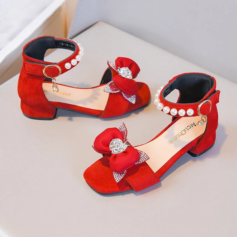 Little Girls High Heels Sandals with Shiny Beaded Bow 2026 New Summer Kids Dress Shoes Comfort Trendy School Dances Shoes Age5-8