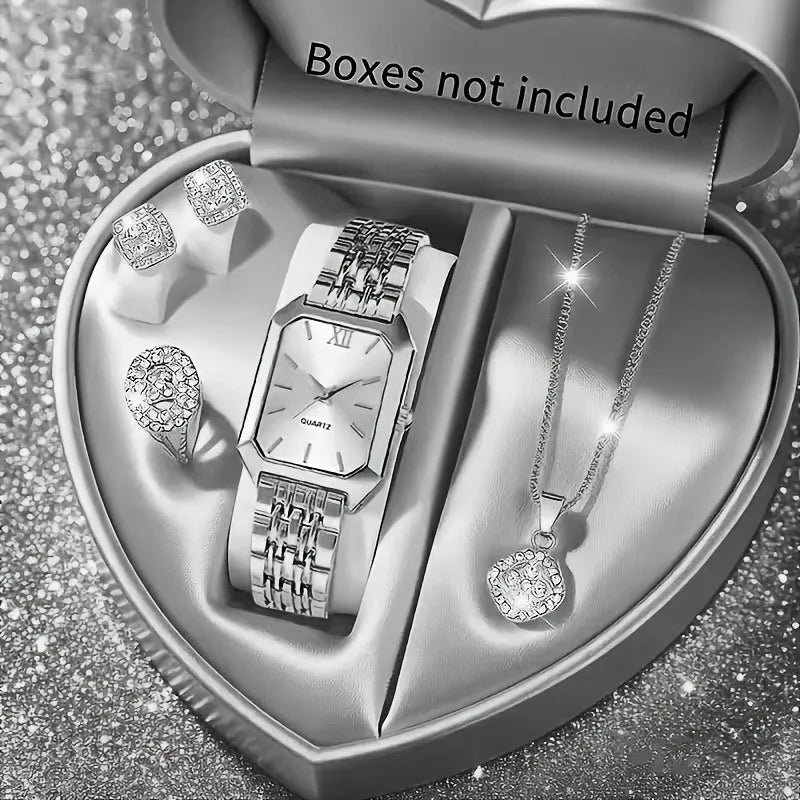 5PCS Womens Elegant Rectangle Rhinestone Quartz Watch Jewelry Set Fashion Women Watches Reloj Mujer Girl Clock Gift（Without Box）