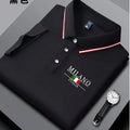 Summer men's trendy polo shirt with Italian Milan print, striped collar, summer breathable casual business top