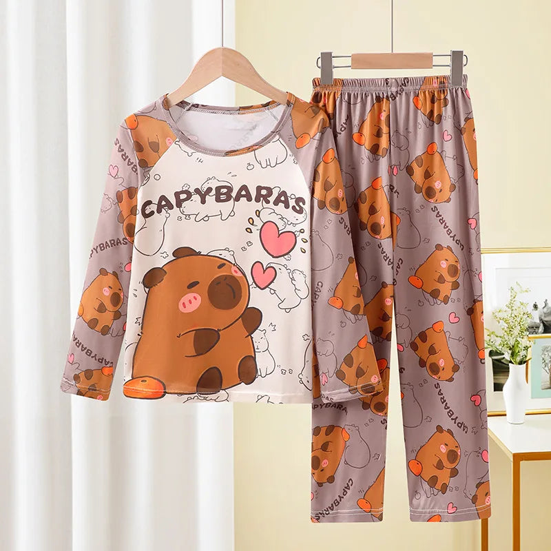 Capibara Kids Pajama Sets Long Sleeve Loungewear with Cute Animal Print Soft Sleepwear for Boys Girls Cartoon Sleepwear Outfit