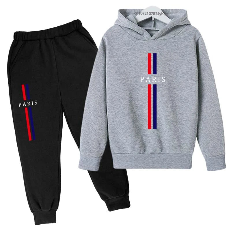 Kids Autumn Spring Casual Paris Print 2pcs Hoodie+Pants Tracksuits 2-13Years Boys Girls Fashion Streetwear Children Clothes Sets