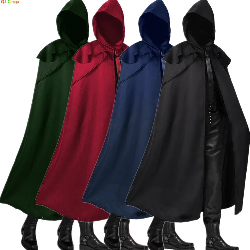 2026 Medieval Men's Black Retro Cosplay Hooded Cape Gothic Long Cloak Jacket, Red Green Blue Available, Unisex Jacket