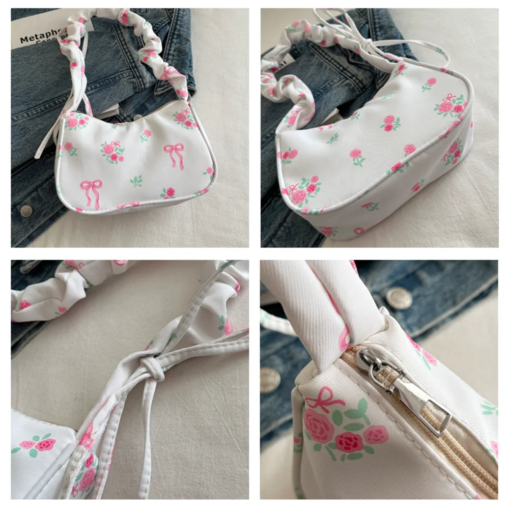 New Drawstring Aesthetic Floral Bag Large Capacity Pleated Strap Underarm Bag Adjustable Strap Zipper Closure Chic Hobo Bag