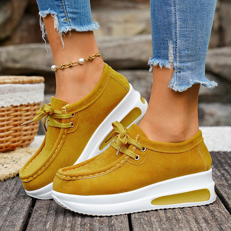 Basic Color Platform Loafers for Women 2026 Spring Light Thick Sole Wedge Sneakers Woman Plus Size Lace Up Non Slip Casual Shoes
