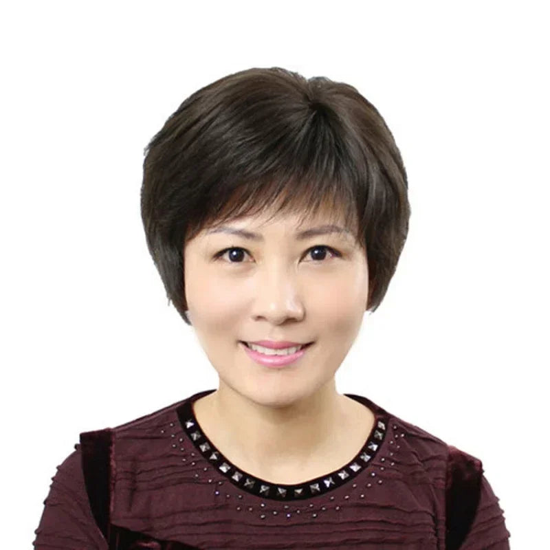 Human Hair Short Straight Wig For Middle Aged And Elderly Asian Women Lady Realistic Natural Wig Quickly Increase Hair Volume