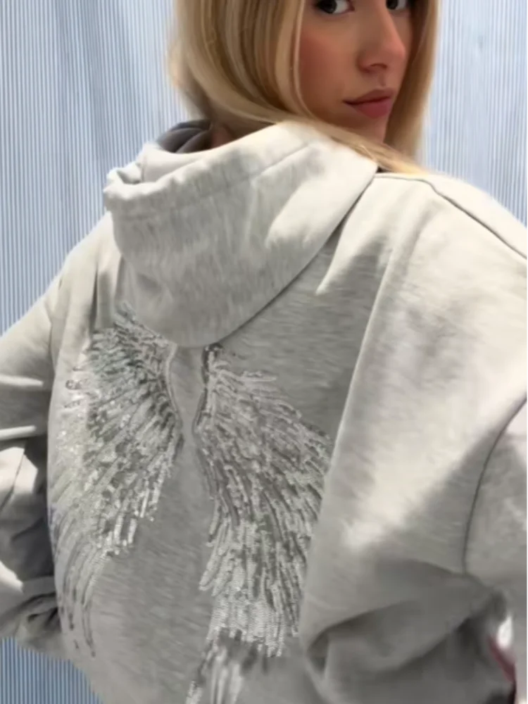 2025 Fashion Whiter Wing Glitter Patchwork Hoodies Women Casual Full Sleeve Lace Up Pocket Top Autumn Winter High Street Outfits
