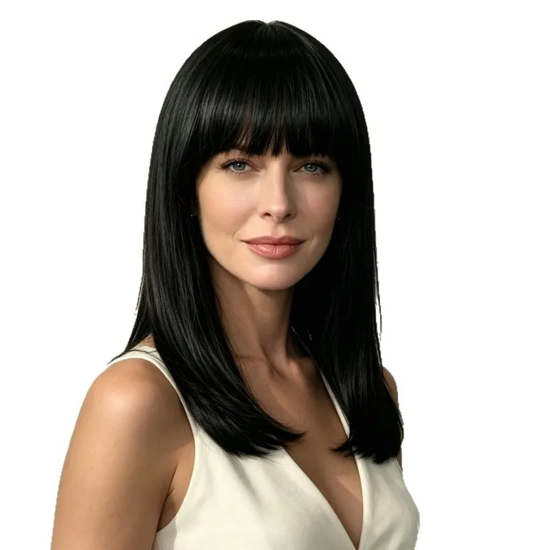 1pcs Women'S Wig With Bangs Medium Length Straight Hair Fashionable Outdoor Travel Simulation Head-Wearing Synthetic Wig