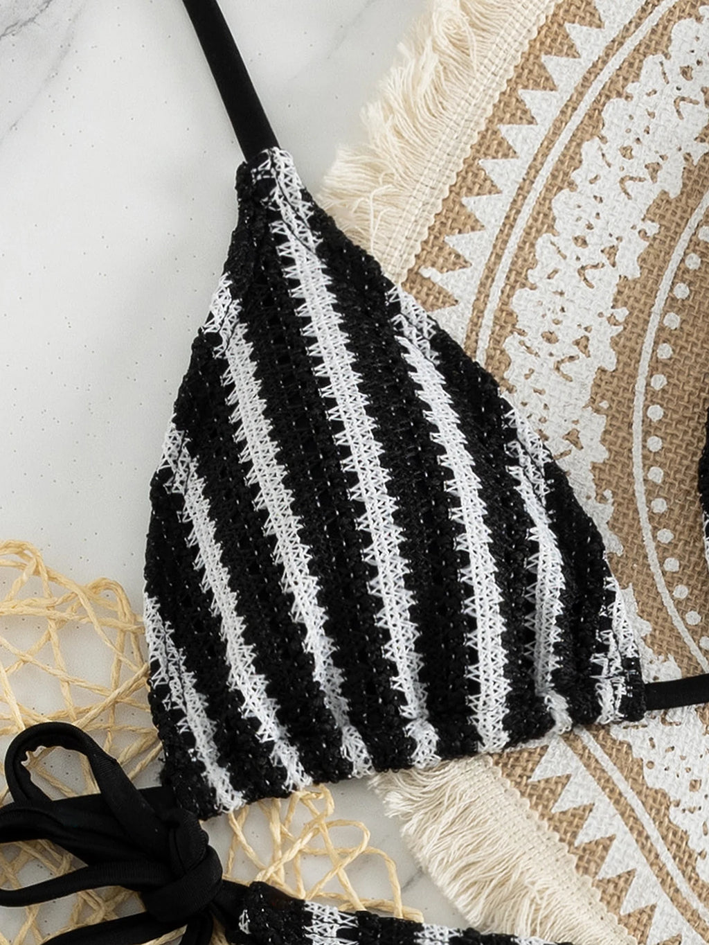 Women's Black and White Striped 3 Piece Swimwear Set, Halter Triangle Bikini Top with Cover Up Shorts for Beach