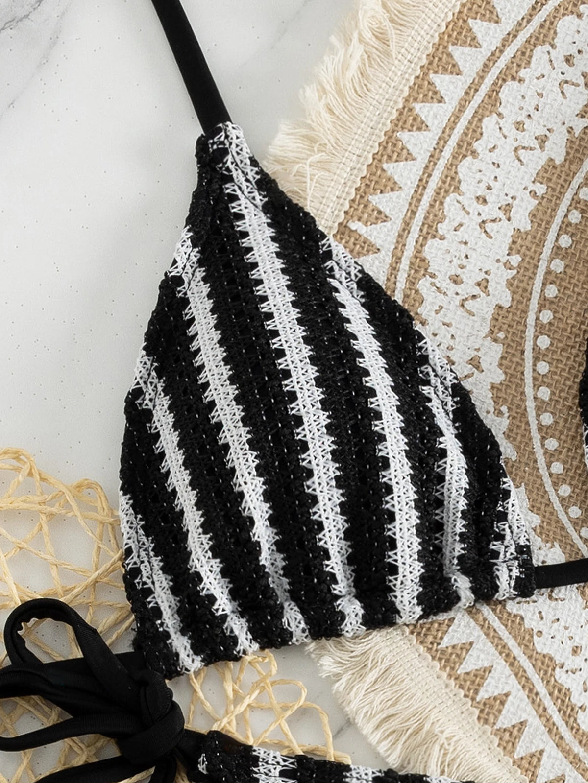 Women's Black and White Striped 3 Piece Swimwear Set, Halter Triangle Bikini Top with Cover Up Shorts for Beach