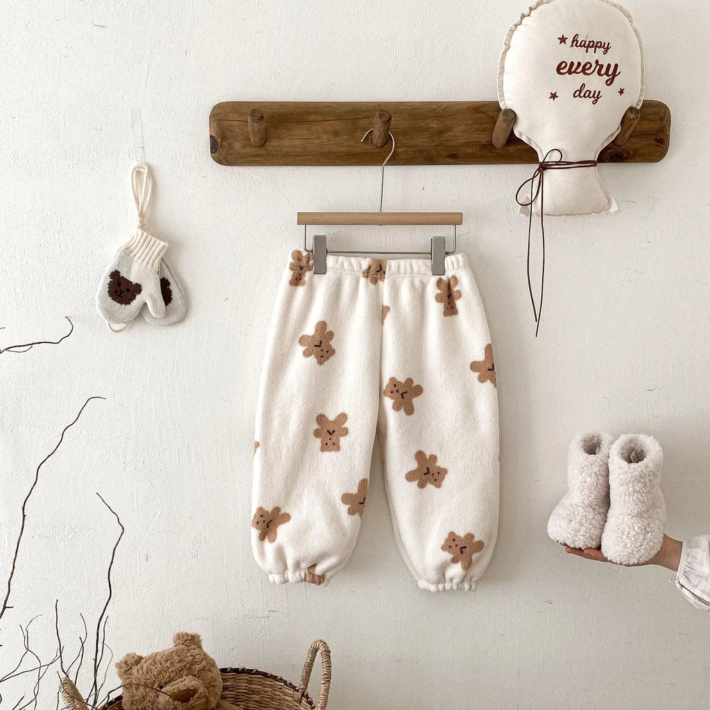 Children Cute Pajamas Pants Autumn Winter Plush Pants Loose Versatile Pants Baby Boys Girls Velvet Pants Toddler Home Clothes