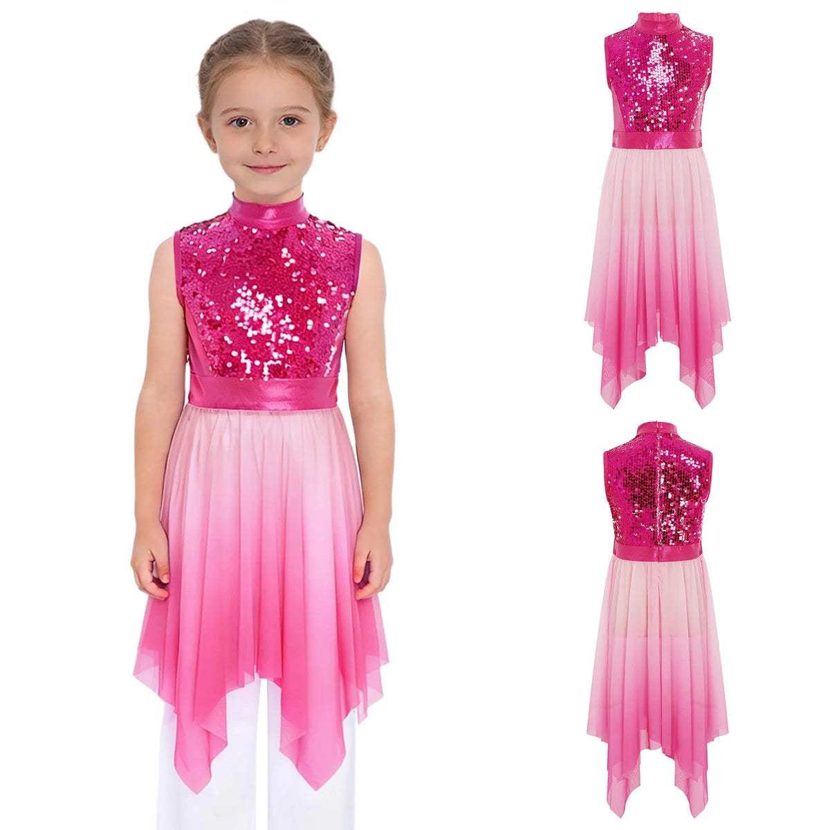 Kids Girls Modern Lyrical Dance Dress Liturgical Worship Praise Church Choir Robe Shiny Sequins Bodice Sheer Mesh Tunic Dresses