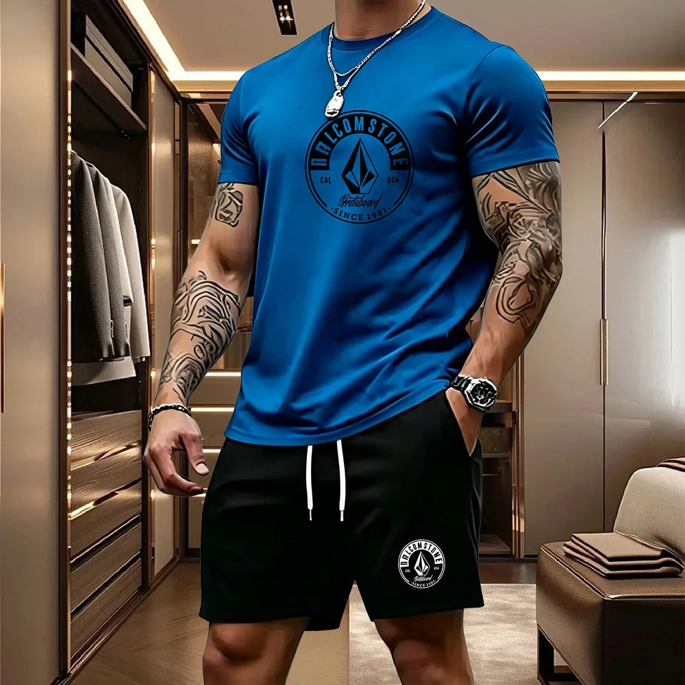 Men's Casual Sportswear 2-piece Set Classic Short Sleeved T-shirt+drawstring Pocket Shorts Street Skateboarding Outdoor Outfit