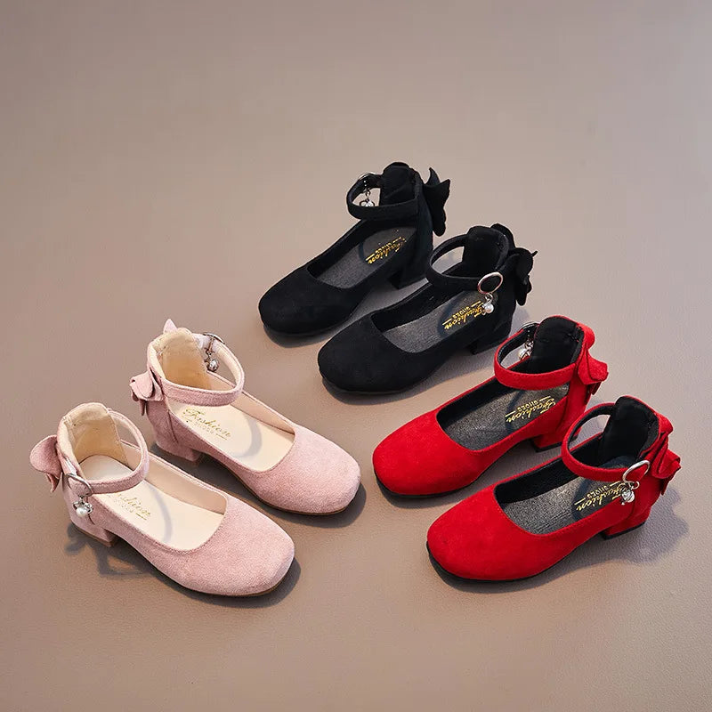 Kids High Heeled Shoes Girls Princess Shoes For Party Wedding Dance Childrens Fashion Velvet Black Pink Red Leather Shoes 3-15T