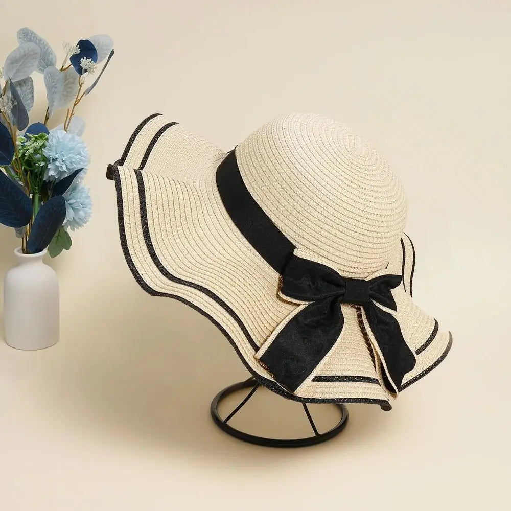 2024 Summer Hats For Women Sun Hat Beach Ladies Fashion Flat Bowknot Panama Lady Casual Sun Hats For Women Straw Hat