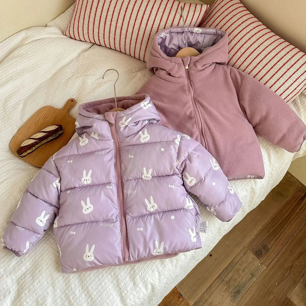 Kids Reversible Puffer Jacket – Thick Fleece Lined Winter Coat with Cartoon Print, Warm Short Outerwear for Toddlers