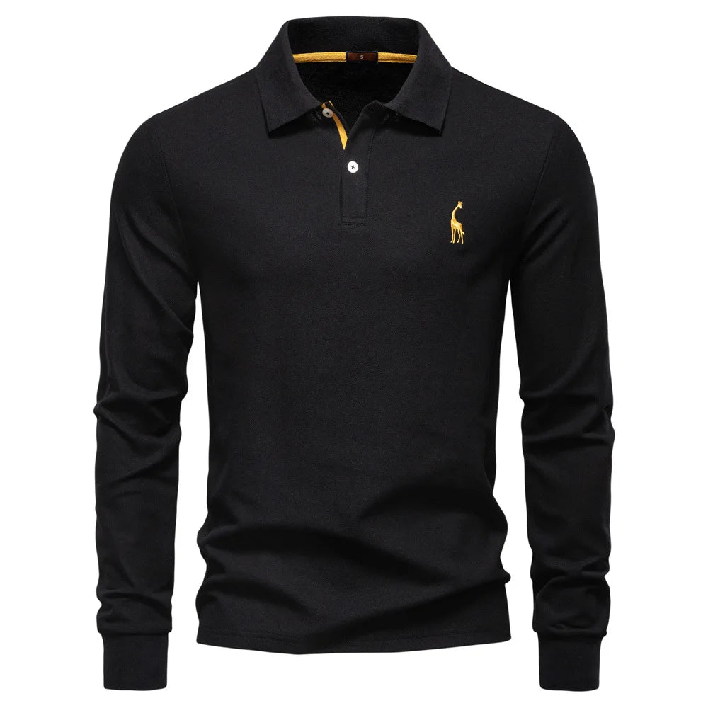 2025 Autumn New Men's Deer Embroidery Cotton Rich Blend Breathable Polo Shirts Long Sleeve Social Business Golf Polo Shirts Male