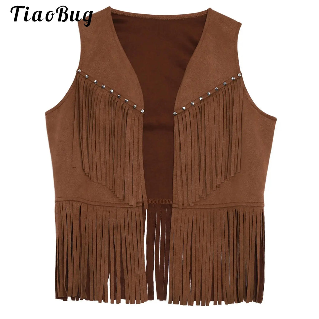 Kids Girls Boys Tassel Fringed Vest Open Front Waistcoat Jackets Child Halloween Western Cowboy Costumes Cowgirl Fancy Dres Up
