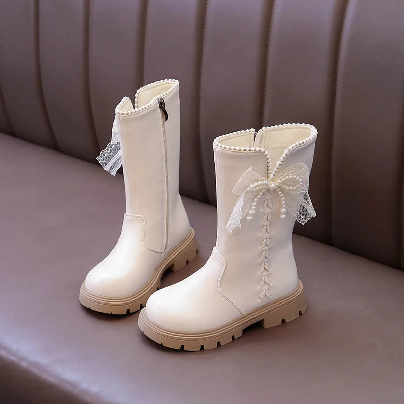 Girls Fashion Padded High Boots 3-18 Years Old Beige Bow Children's Cotton Shoes Versatile Non-slip Girls Short Leather Boots