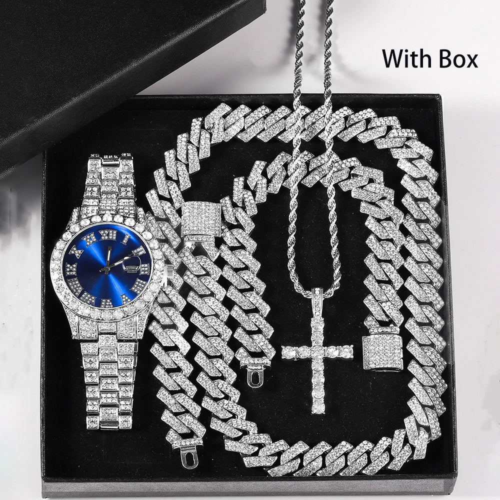 Hip Hop Men's Watch Jewelry Gift Set Glitter Silver Quartz Watch with Cross Pendant Necklace Street Punk Luxury Party Accessory