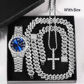 Hip Hop Men's Watch Jewelry Gift Set Glitter Silver Quartz Watch with Cross Pendant Necklace Street Punk Luxury Party Accessory