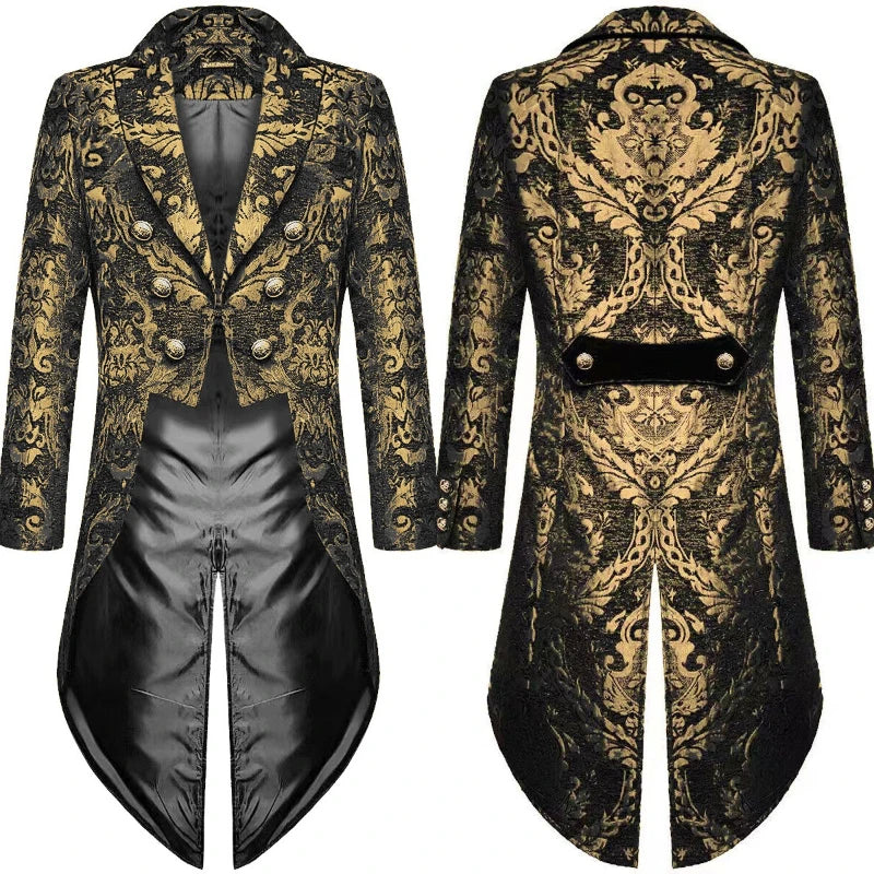2026 Fashion Gold Jacquard Elegant Tuxedo for Men,Black Gothic Vintage Men's Tailcoat,Holiday Party Stage Performance Men Jacket
