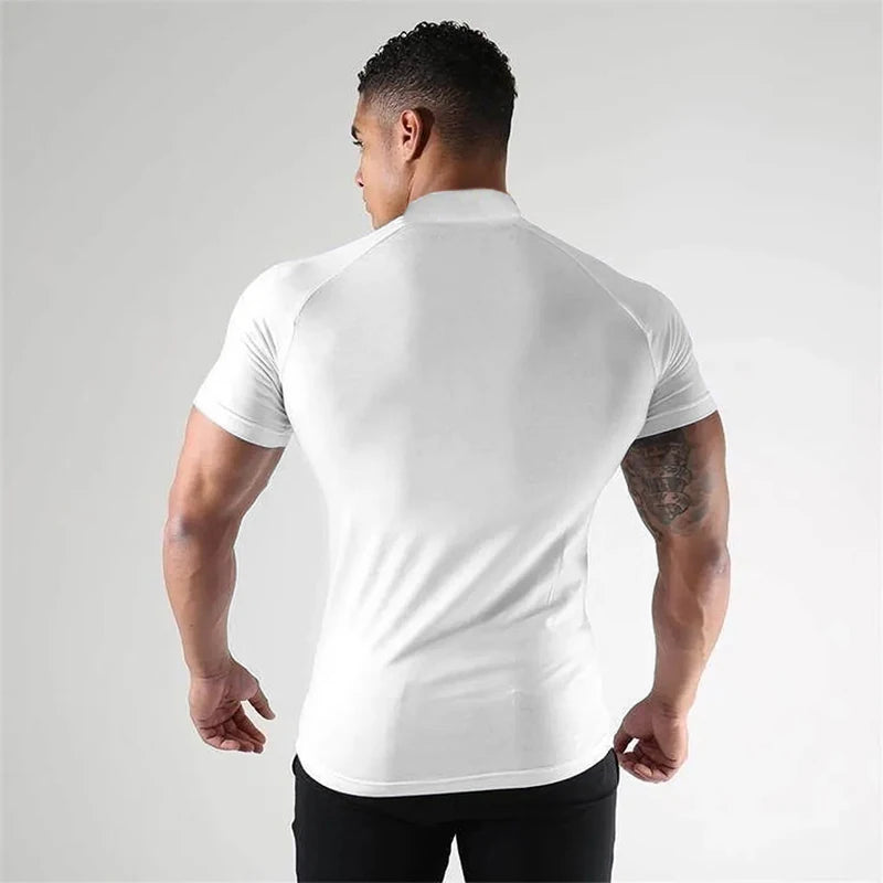 Turtleneck  Short Sleeve T-shirts Mens Summer Compression Shirts Elastic Quick Dry Sports Tees Tops Fitness Gym T Shirt