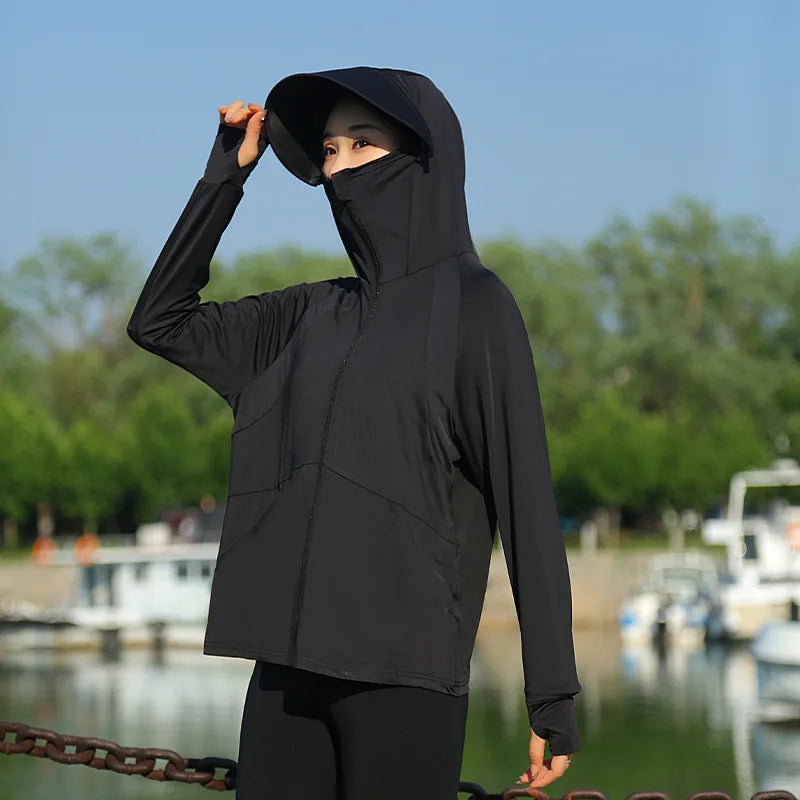 Adult Ice Silk Hooded Sun Protection Jacket Older Kids Outdoor Sports UV Protection Clothing Women's Hooded Sun Protection Coat