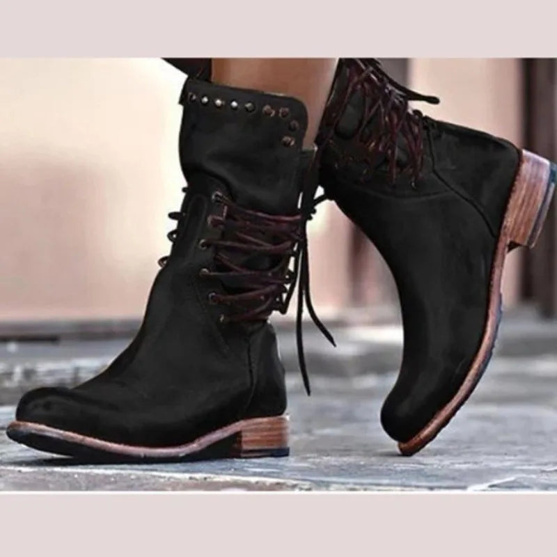 Women's Boots Fashion Casual Leather Boots Designer Mid-Calf Boot Luxury Knight Boots for Women Retro Short Boot Botas De Mujer