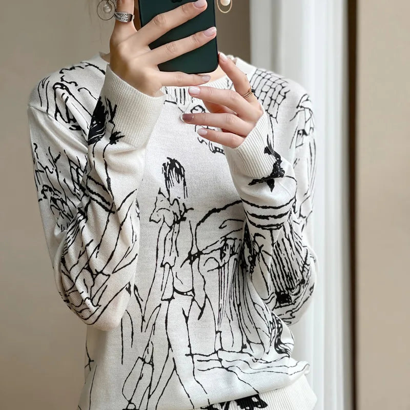 Summer Trendy Fine Imitation Wool Knitted T-Shirt Women's Short-Sleeved Top Graffiti Digital Jacquard Pullover Ladies Sweater