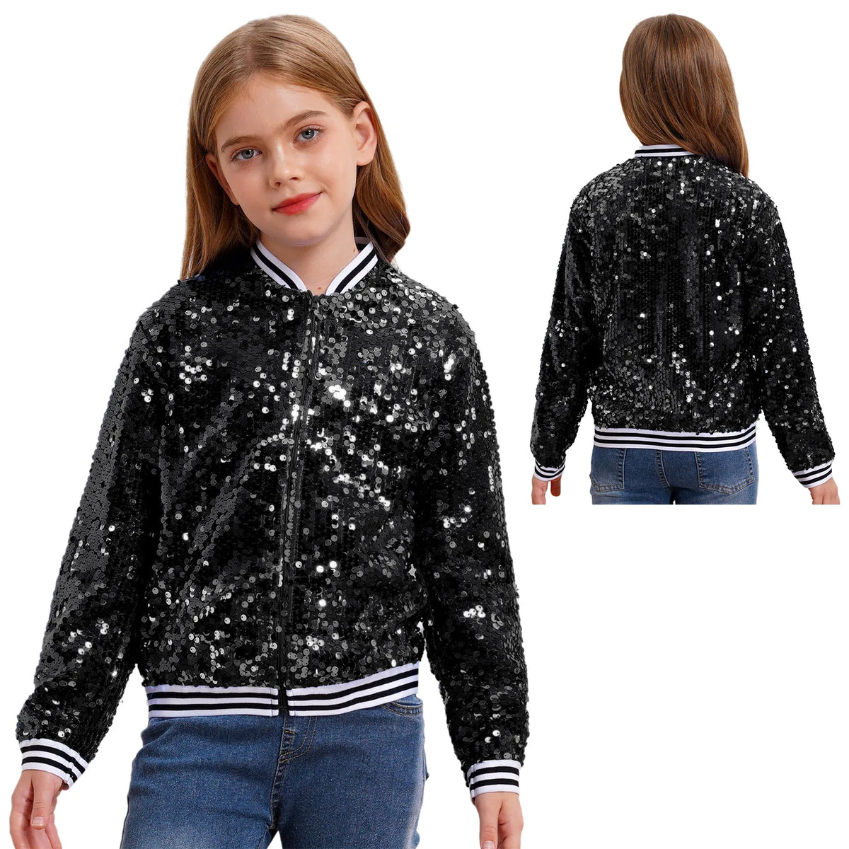 Kids Girls Long Sleeve Fashion Sequin Baseball Jacket Bomber Coat Hip Hop Jazz Street Dance Cheerleading Performance Dancewear