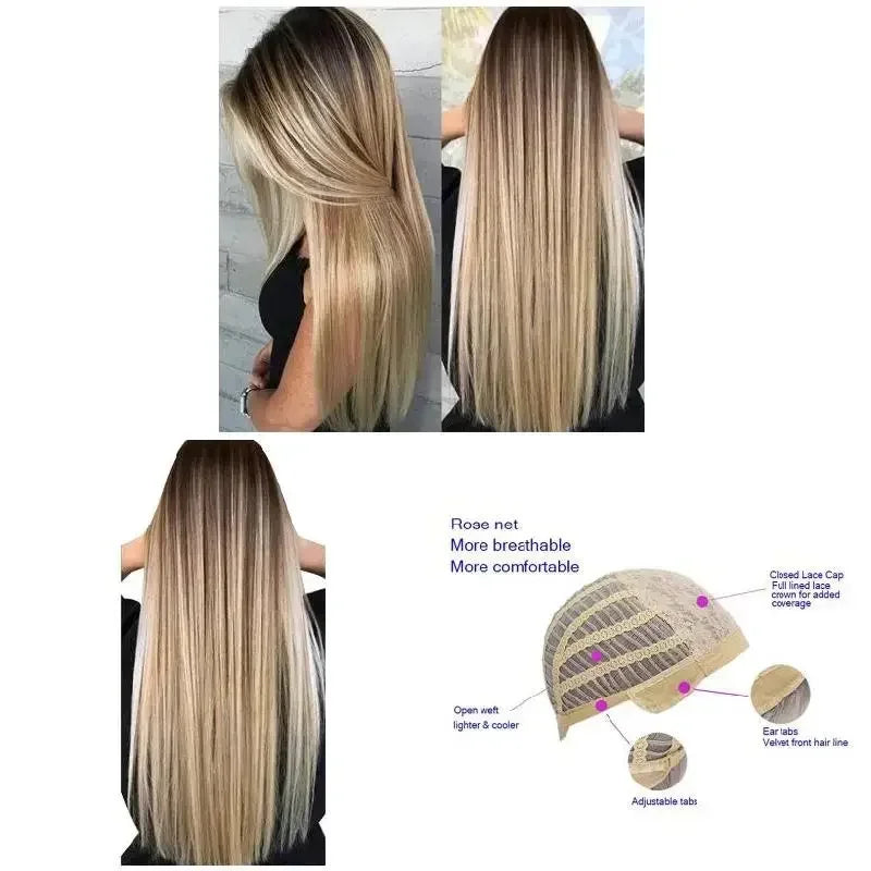  Natural Women Long Straight Wig with Hair Net,72cm Blonde Synthetic Hair Wigs Headgear for Daily Wear Cosplay Party