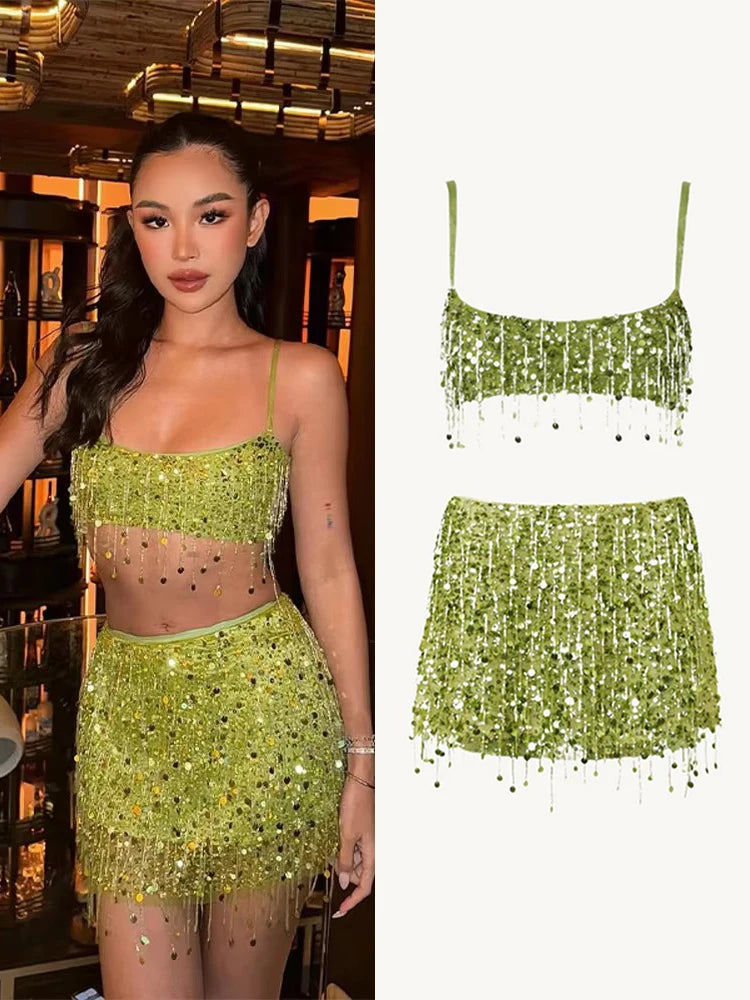 Sexy Beach Tassel Skirts Outfits Women Sequin Backless Sleeveless Shiny Ibiza Sets Female 2025 Spring Summer Chic Festival Suit