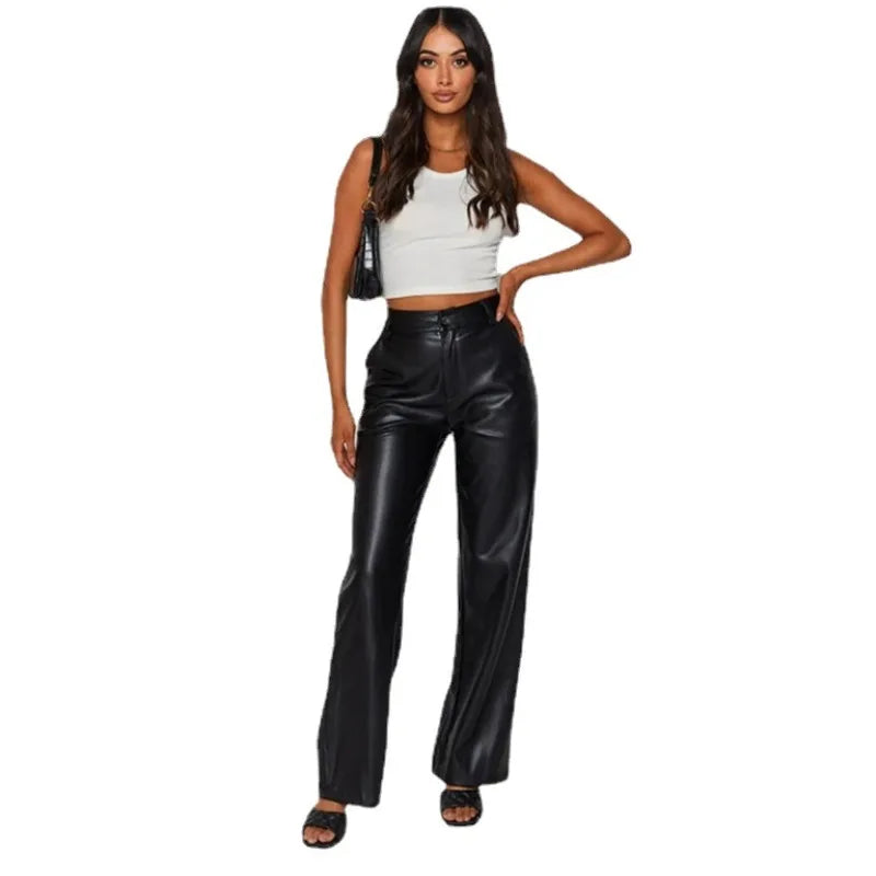 Women PU Leather Pants Solid Color High Waist Straight Trousers High Street Casual Pant
