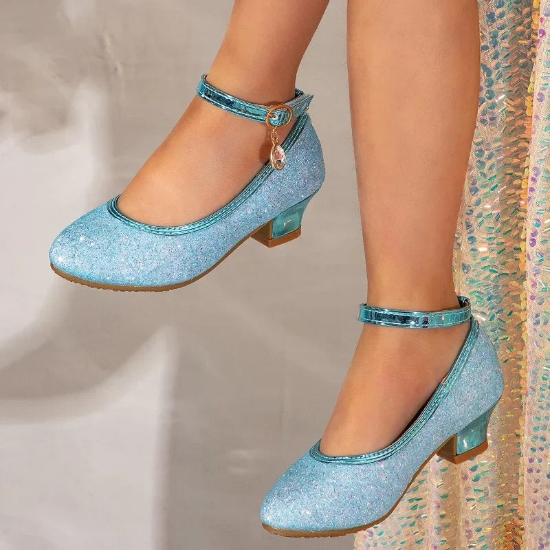 Girls High Heels Sequins Kids Leather Shoe for Wedding Party Fashion Causal Children Princess Glitter Dress Shoes Multiple Color