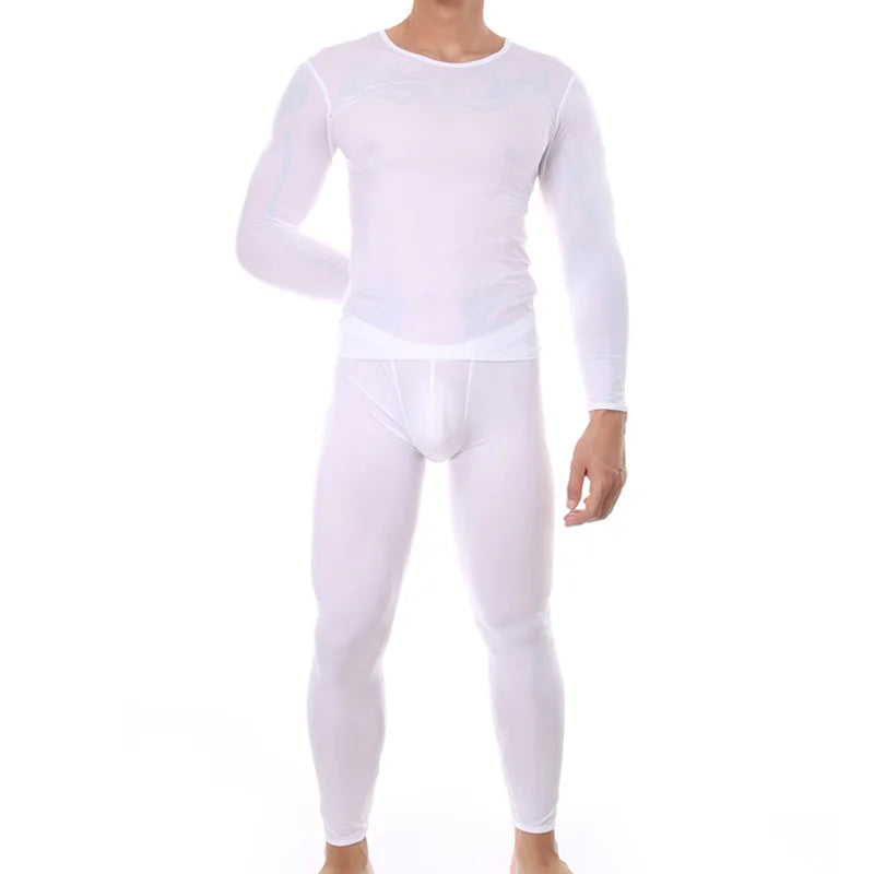 Men's Sexy Transparent Underwear Arrangement Sheer Ultra-Thin Seamless Warm Long Johns Ice Silk Comfortable Long Pajama Set