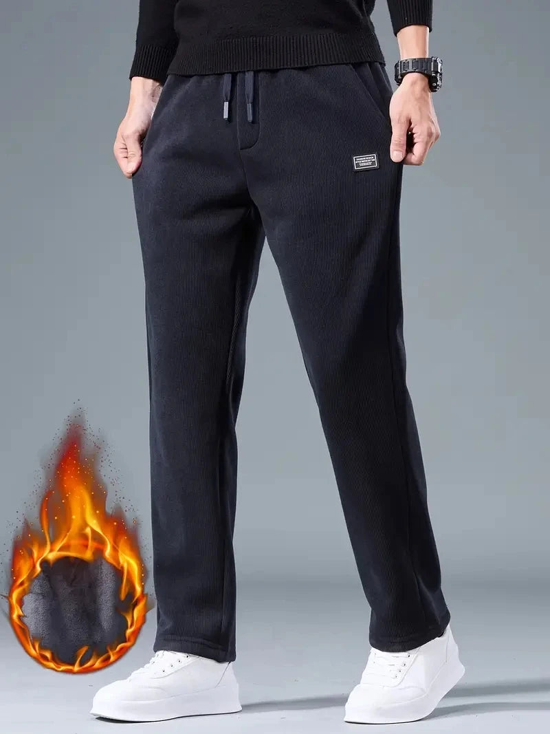 2025 Winter Corduroy Sweatpants Men Drawstring Fleece Lined Thick Warm Wide Leg Straight Casual Pants Male Loose Trousers