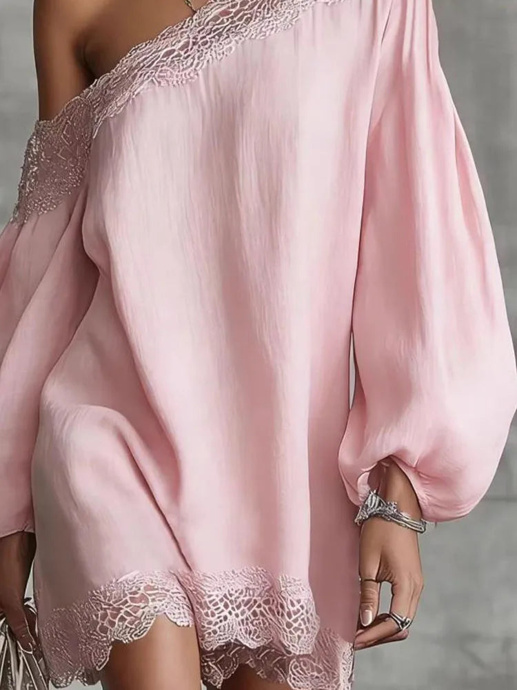 Elegant Lace Trim Mini Dress For Women Off Shoulder Long Puff Sleeves Fashion Date Night Evening Short Dresses Vestidos