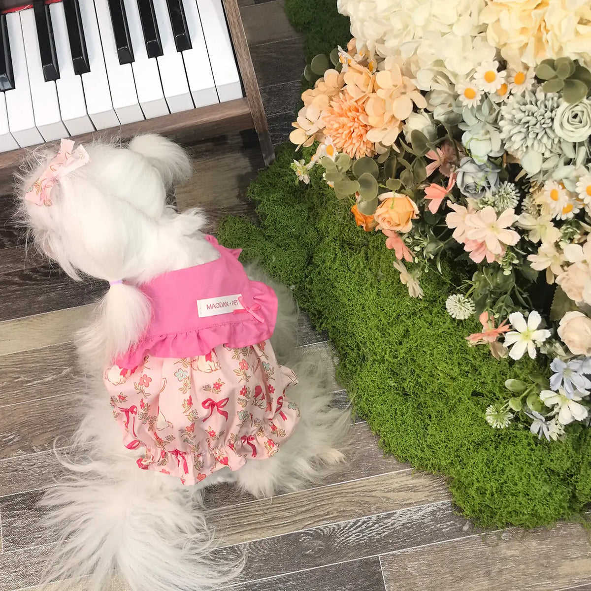 Lovely Puppy Dog Cats Clothing Fashion Floral Print Pink Cotton Princess Dress for Small Medium Dog Schnauzer Poodle Pet Clothes