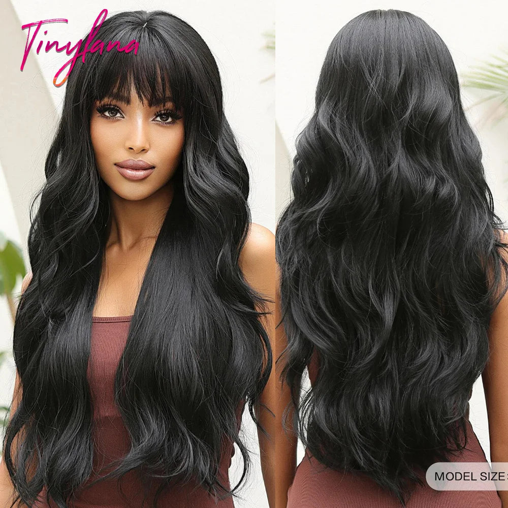 Wine Red Long Wavy Synthetic Wigs with Bangs for Women Colorful Burgundy Red Body Wave Cosplay Wig Halloween Heat Resistant Hair