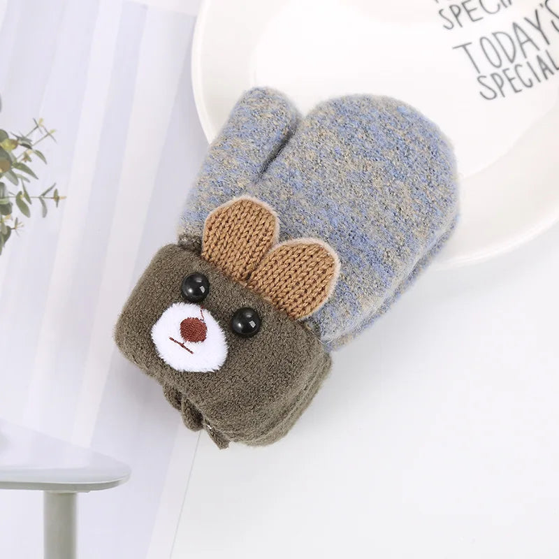 0-3 Year Old Children's Gloves Boys and Girls Cute Little Bear Cartoon Knitted Yarn Gloves Double-layer Thick Keep Warm Winter